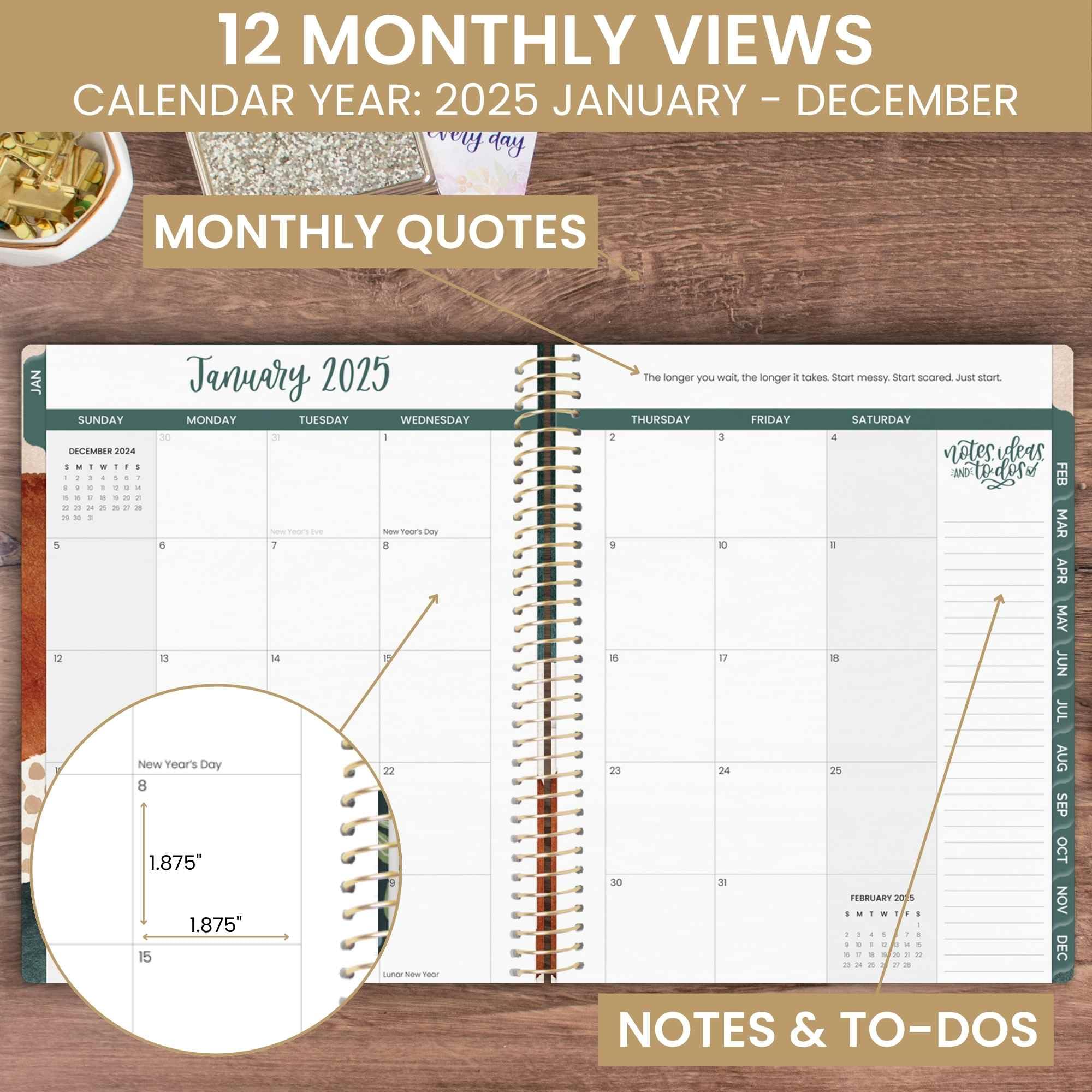 bloom daily planners Agenda anual 2025 (8.5 x 11 pulgadas) (enero de 2025 a diciembre de 2025) – Organizador de agenda semanal/mensual con calcomanías y pestañas – Abstracto terroso, verde