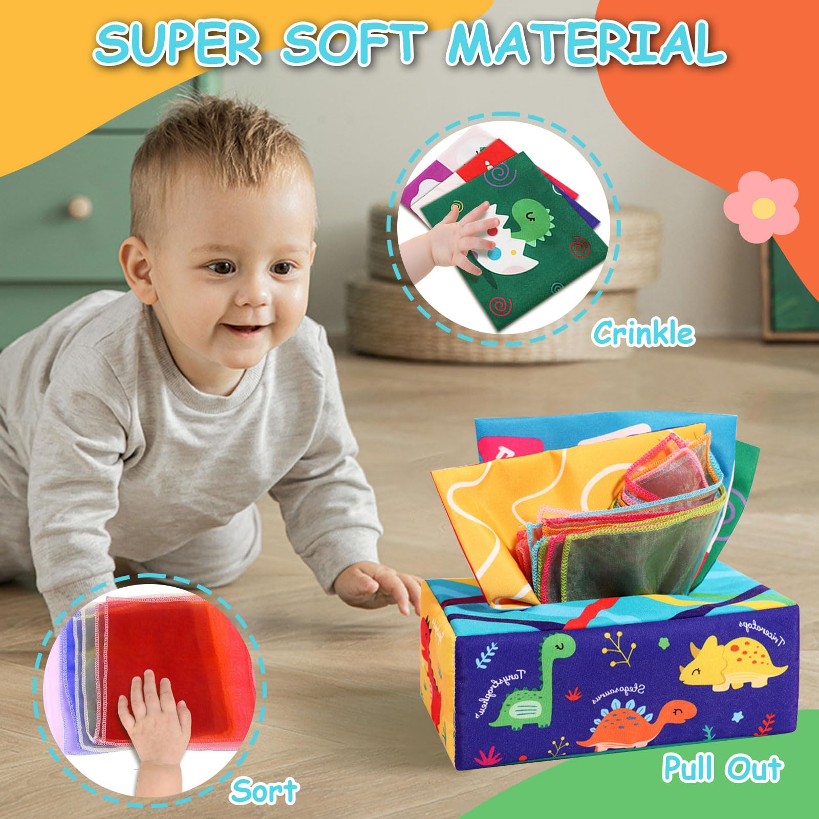 Jouet Bébé Boîte à Mouchoirs Montessori - Sensoriel 6-12 Mois, Tissu Doux, 3 Mouchoirs + 12 Foulards Colorés