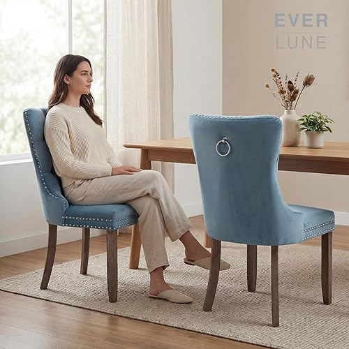 Miniatura 3 de Sillas de Comedor Juego de 4 sillas de comedor de terciopelo azul claro, Silla tapizada de tela para cocina y comedor, sillas de comedor modernas de