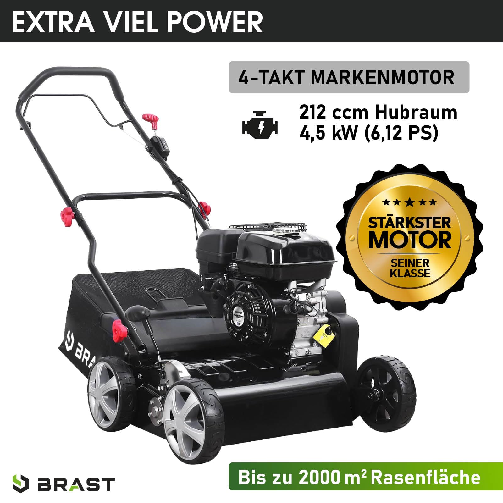 BRAST® Vertikutierer Benzin 4,5kW (6,12PS) | 4-Takt Motor 212ccm | 40-45cm Arbeitsbreite | TÜV geprüft | 50L Fangkorb | viele Modelle für kleine bis sehr große Rasenflächen | BRB-RV-40212s