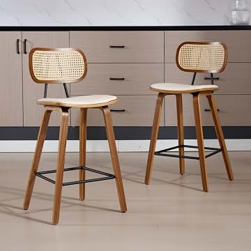 chairus 2X Taburetes de Bar Clásicos Madera Taburetes Altos de Cocina Respaldo de Ratán, Sillas Altas de Barra Tapizadas en PU para Isla de Cocina/Bar, Beige