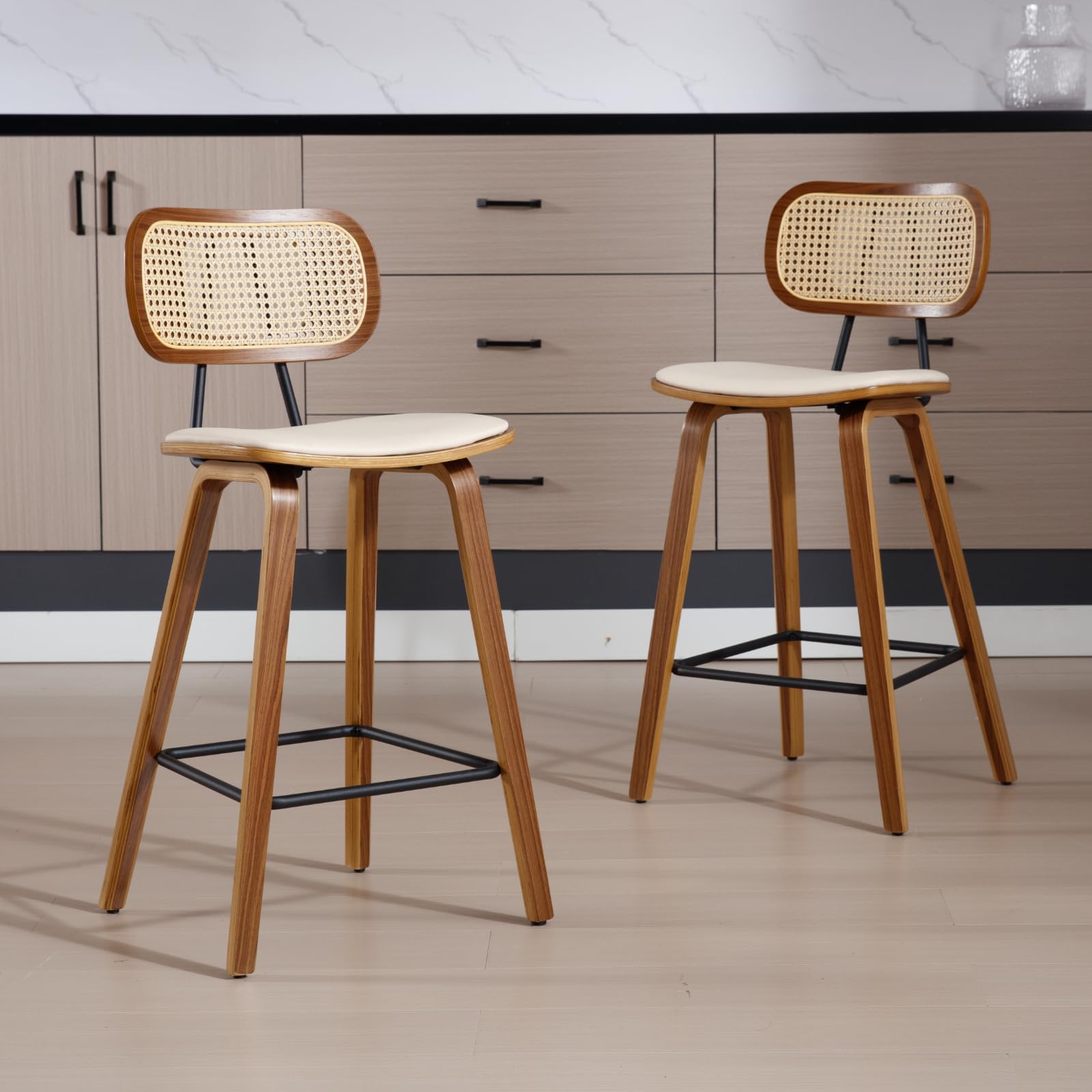 chairus 2X Taburetes de Bar Clásicos Madera Taburetes Altos de Cocina Respaldo de Ratán, Sillas Altas de Barra Tapizadas en PU para Isla de Cocina/Bar, Beige