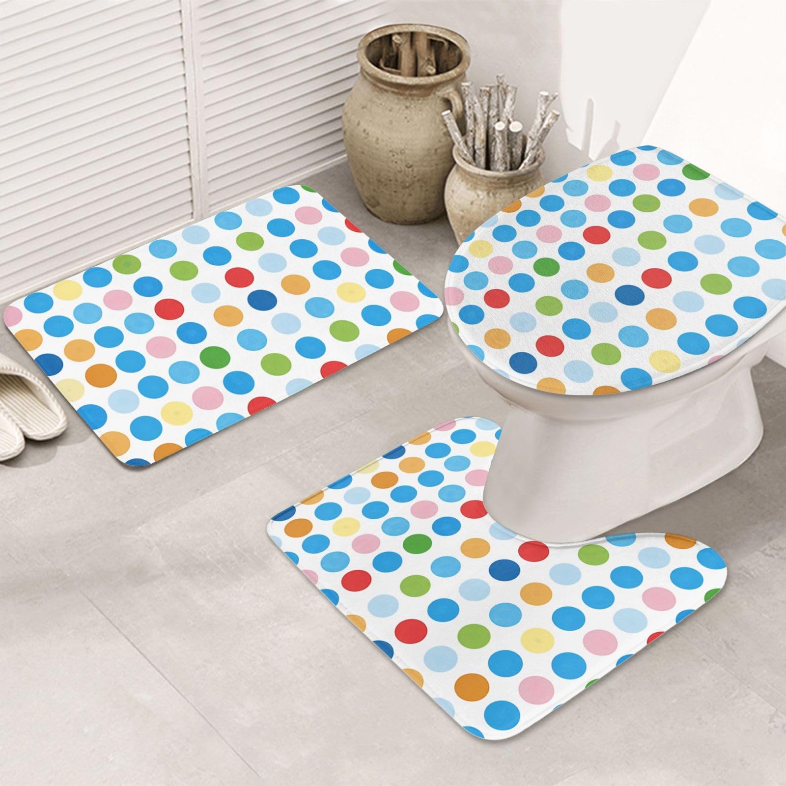 Lot de 3 tapis de bain antidérapants et absorbants en flanelle avec motif à pois bleus