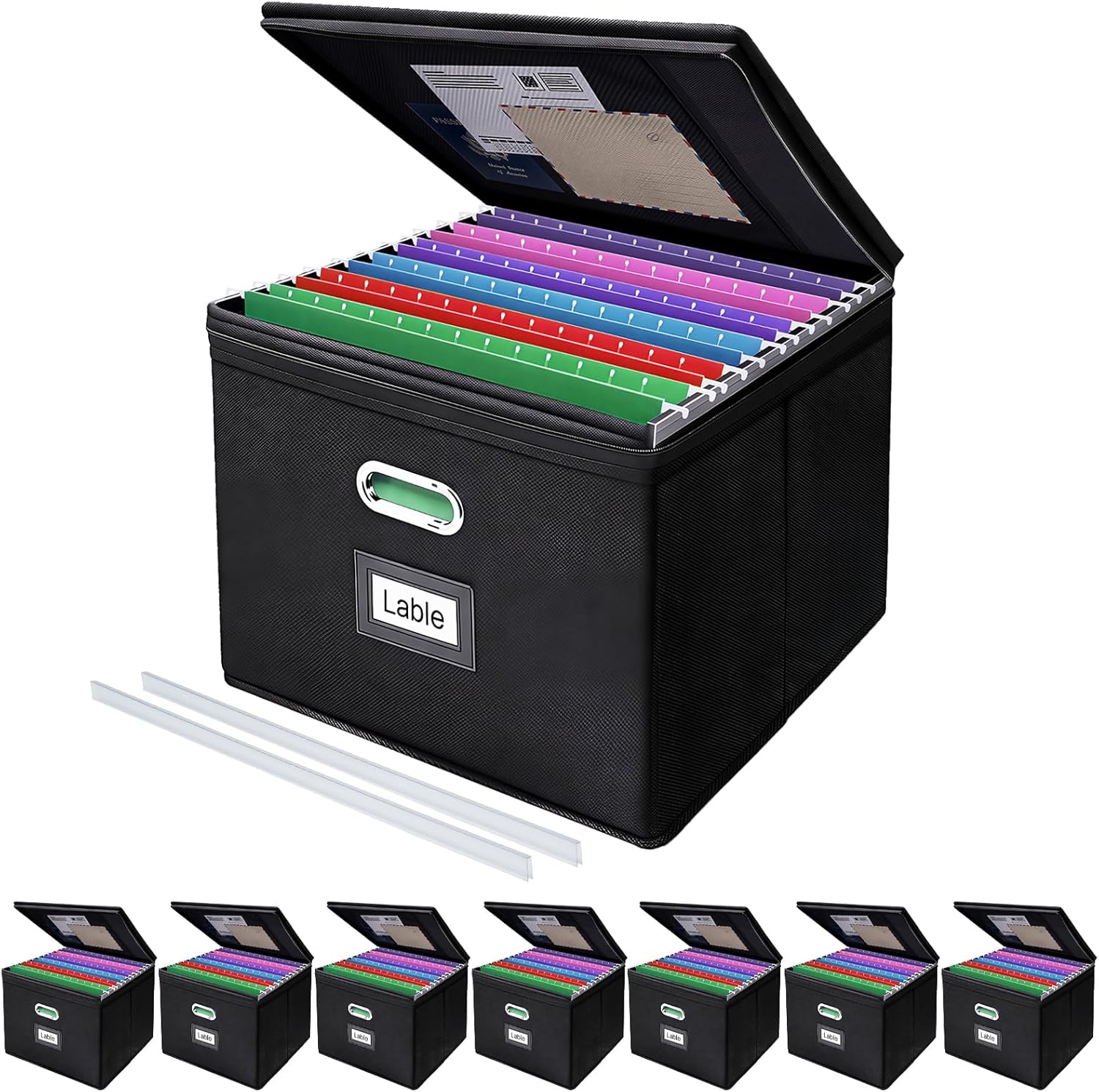 8 Pack File Organizer Boxes with Lids, Collapsible Document Storage Bin with Mesh Pockets & Zipper, Fits Letter/Legal Size Folders for Home Office Moving Classroom Organization (Black, No Folders)