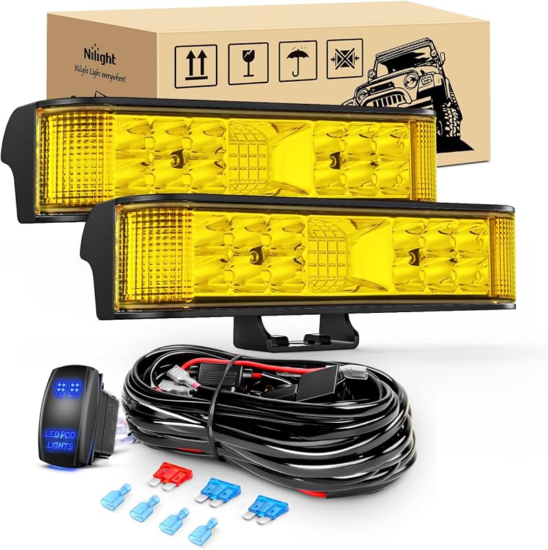 Kit com 2 Faróis Auxiliares LED Nilight Side Shooter Âmbar 60 W com Chicote e Interruptor – 2 unidades