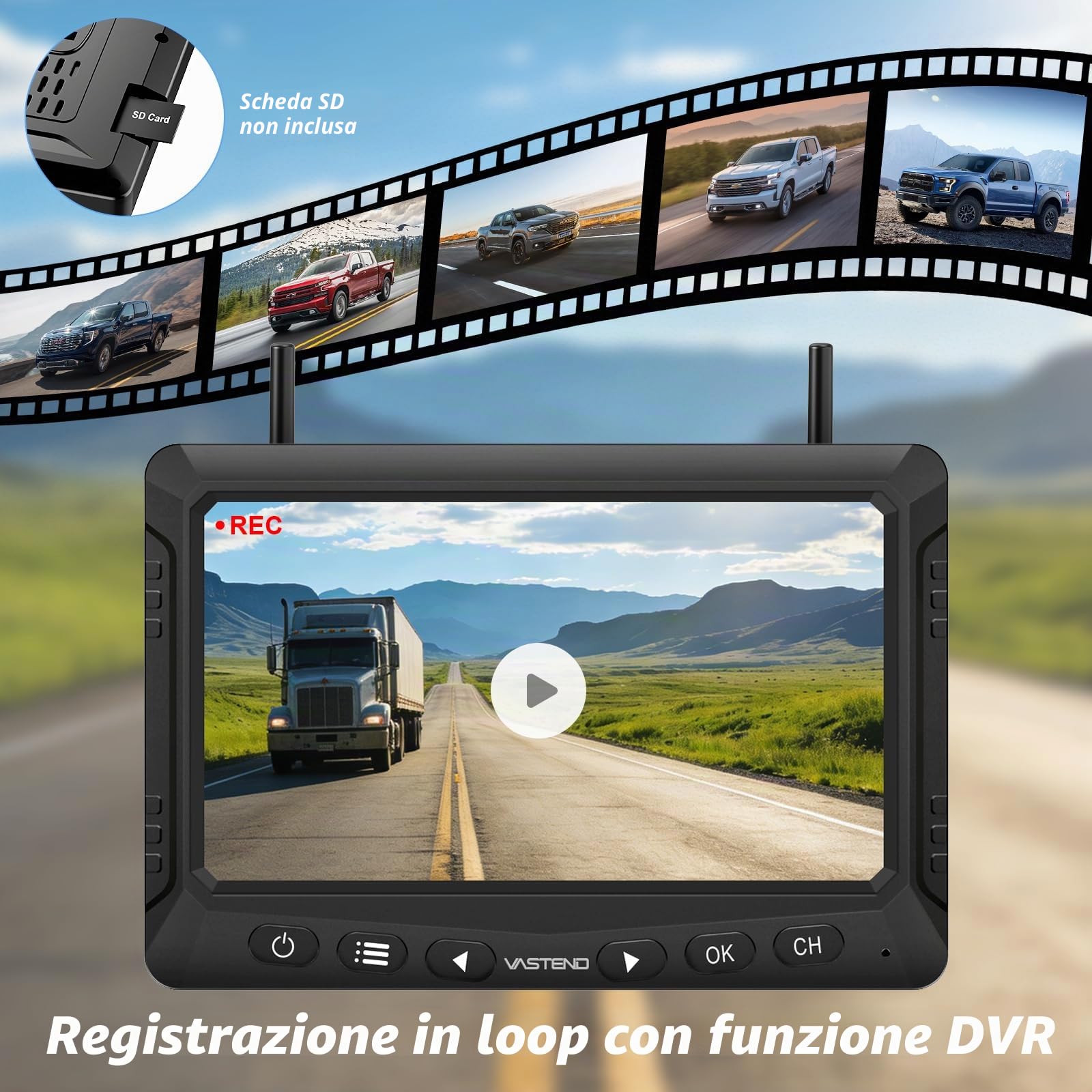 Telecamera Retromarcia Wireless Solare con Monitor 7", Sistema di Retromarcia Digitale HD 1080P, Batteria 10000mAh & Attacco Magnetico, IP69K Impermeabile per Camper, Camion, Rimorchio