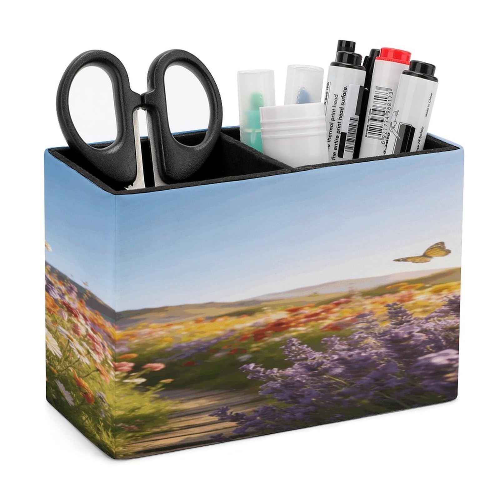 LZQPOEAS Heading to The Flower Field Pen Holder Double Compartments Pen Cup Makeup Brush Holders Leather Pencil Holder Locker Organizer for Work Locker Accessories Modern Pencil Cup for Desk