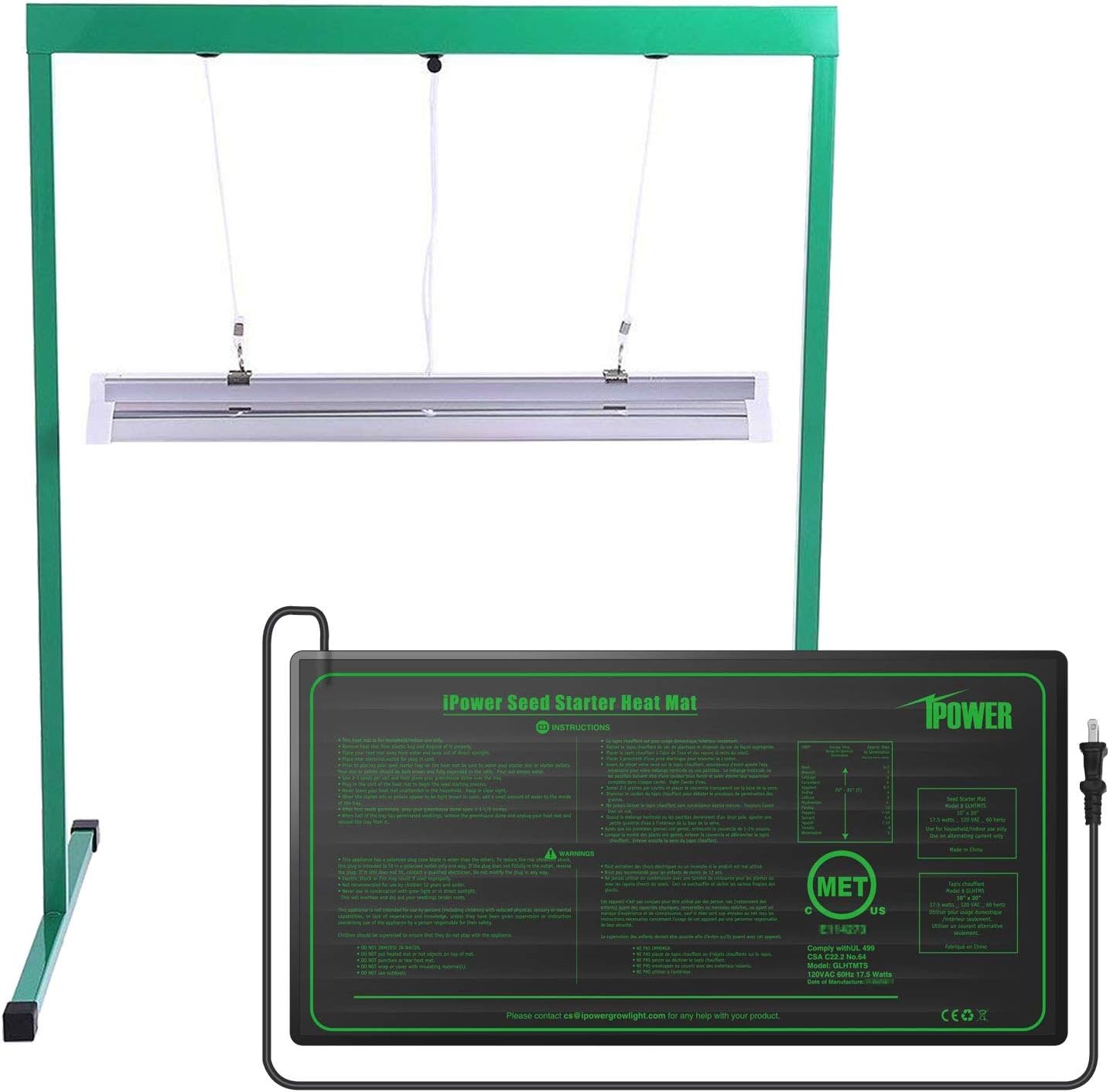 iPower GLSTNDT52FHTMTS 24W 2 Feet T5 Fluorescent Grow Light Stand Rack (6400k) and 10" x 20.5" Hydroponic Seedling Heat Mat Combo Set for Seed Germination, Green