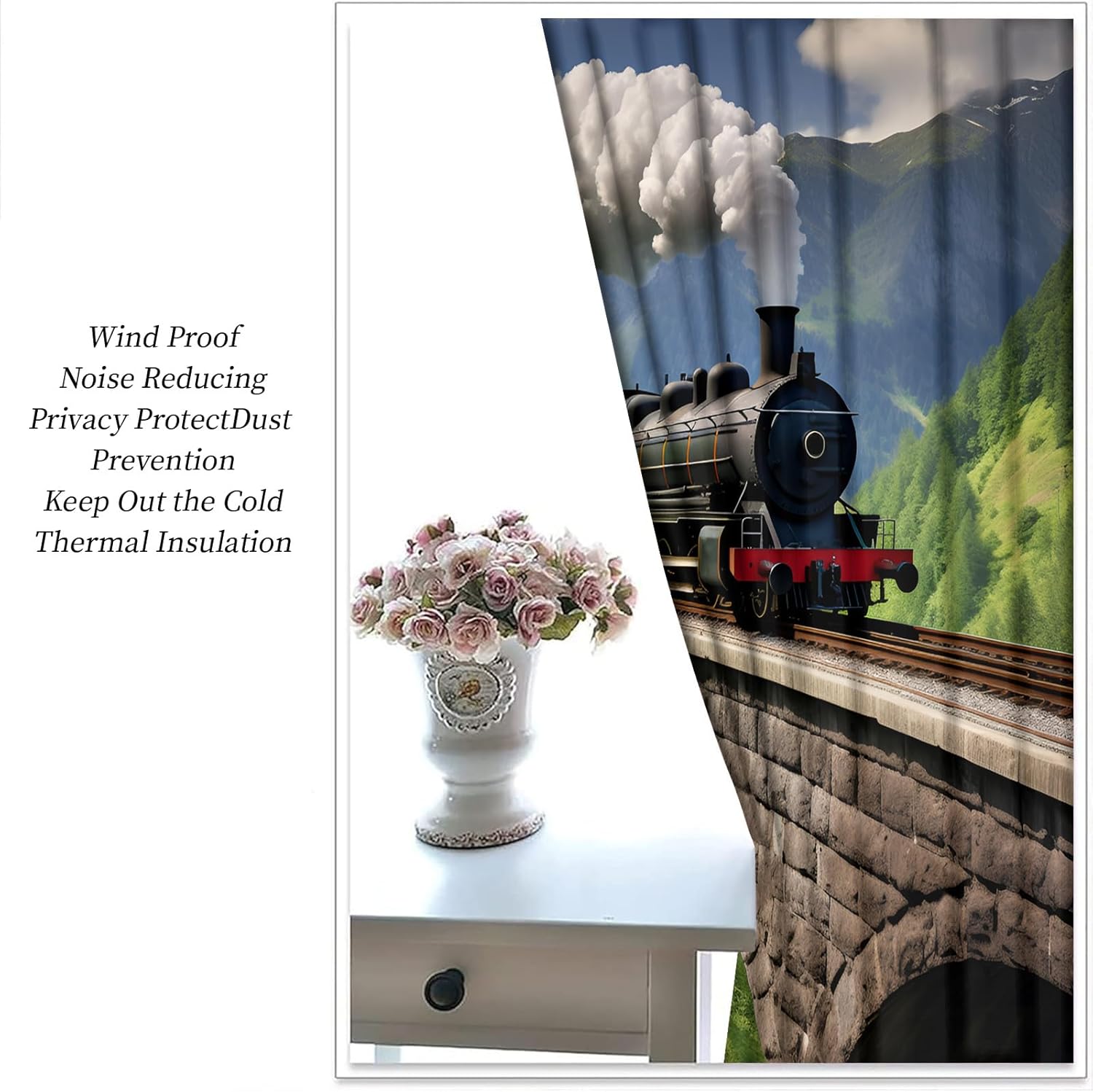 Vintage Train Black Out Curtains 84 inch Long 2 Panels, Steam Engine Locomotive Curtains for Bedroom Living Room Decor, Steam Train Window Treatment Drapes with Grommet