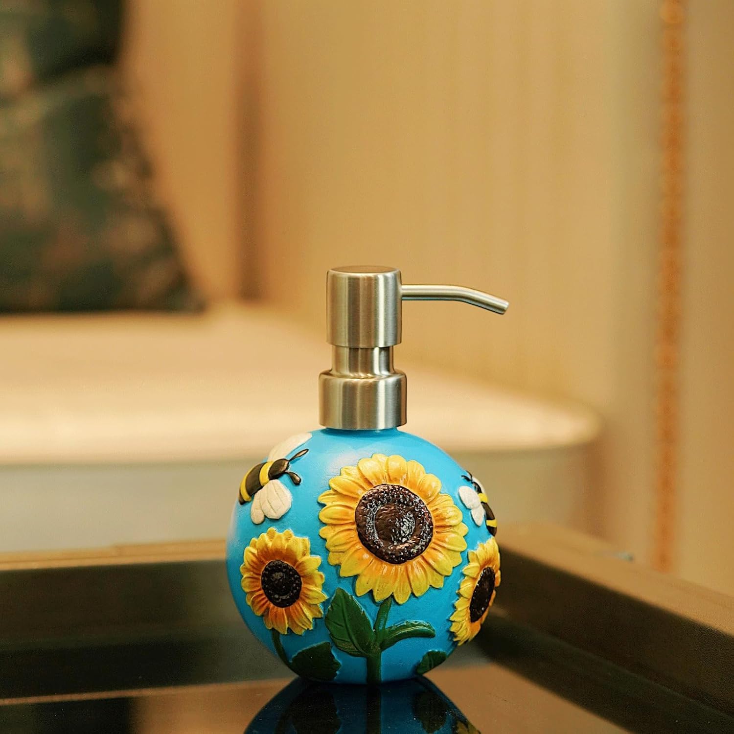 Refillable Soap Dispenser Sunflower Soap Dispenser 3D Hand Painted Cute Floral Hand Soap Dispenser 12OZ Blue Refillable Lotion Dispenser Bathroom Body Wash Dispenser