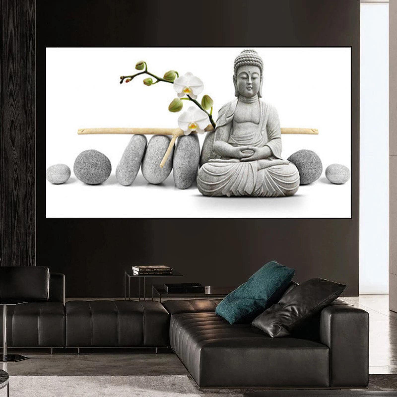 Meditar Buda blanco y pocas piedras Estatua tallada Pósters e impresiones Budismo Lienzo Pintura Arte de la pared Imágenes Decoración de la habitación 90x180cm (35x71in) con marco