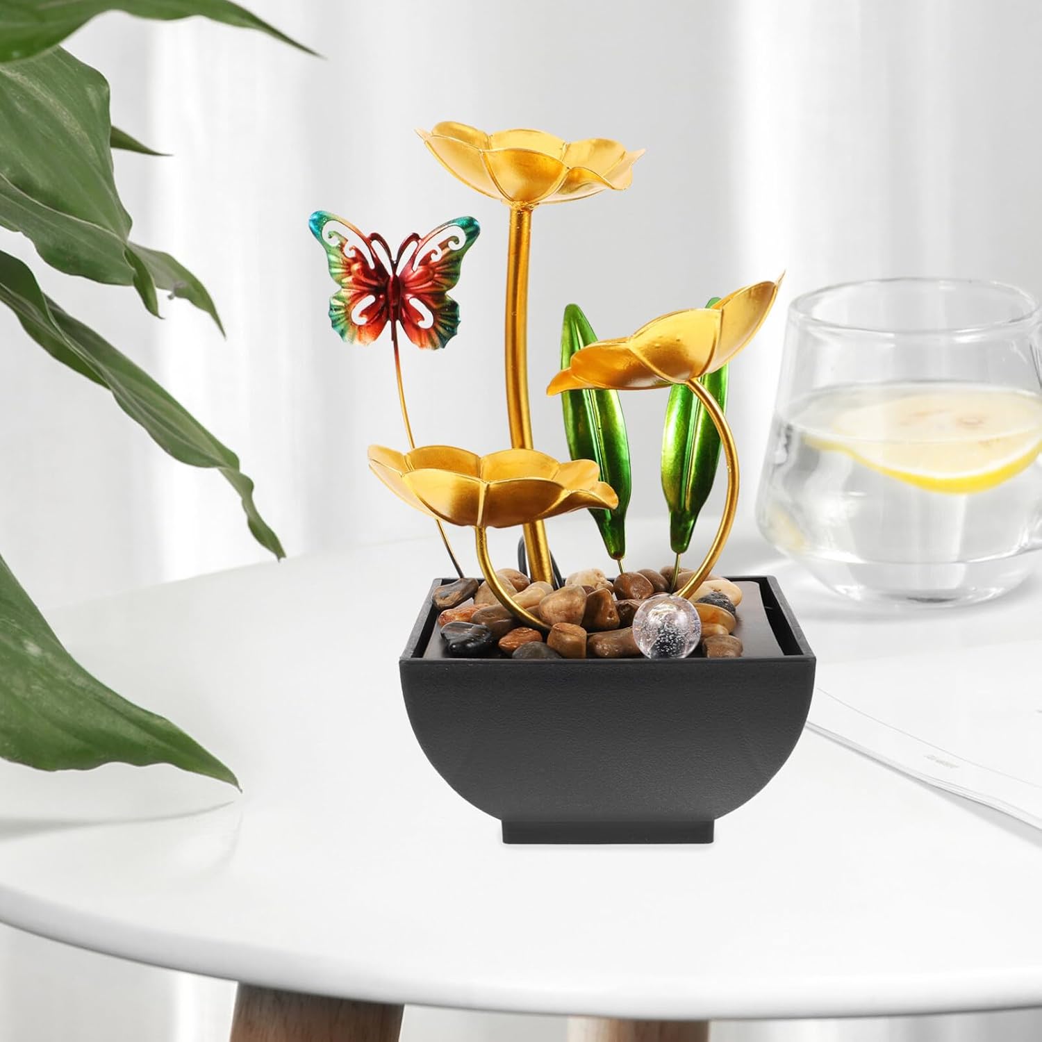 Unomor Tabletop Fountain Waterfall Ornament Elegant Indoor Water Feature Lotus Leaf Design for Office Decor and Relaxation USB Powered for Peaceful Ambiance