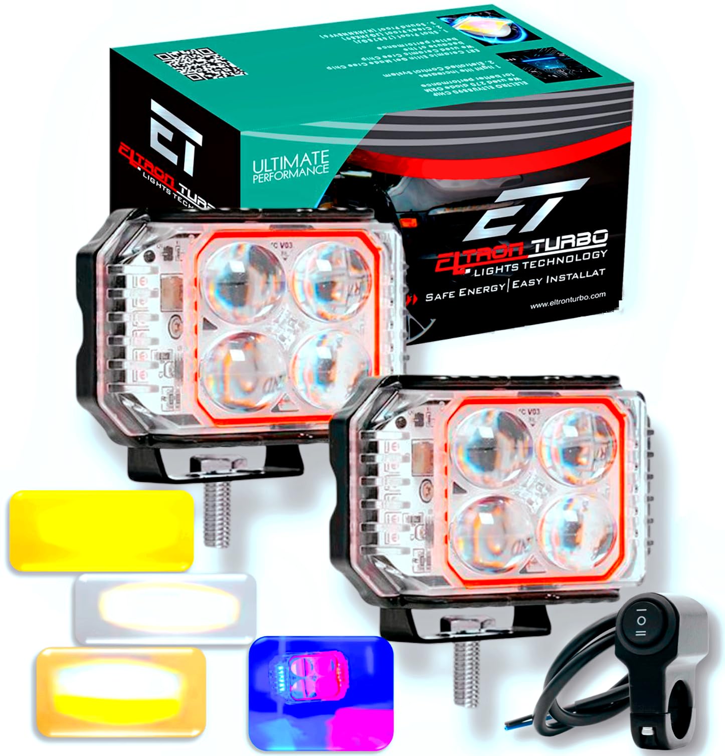 ELTRON TURBO Imported 3 Months Warranty 4 Led 12-24V 110W DC Power Fog Light Waterproof Universal Fit For All Bikes,Scooties,Cars (Pack of 2, Yellow, White, Flashing Reflection, Devil Light, Switch)