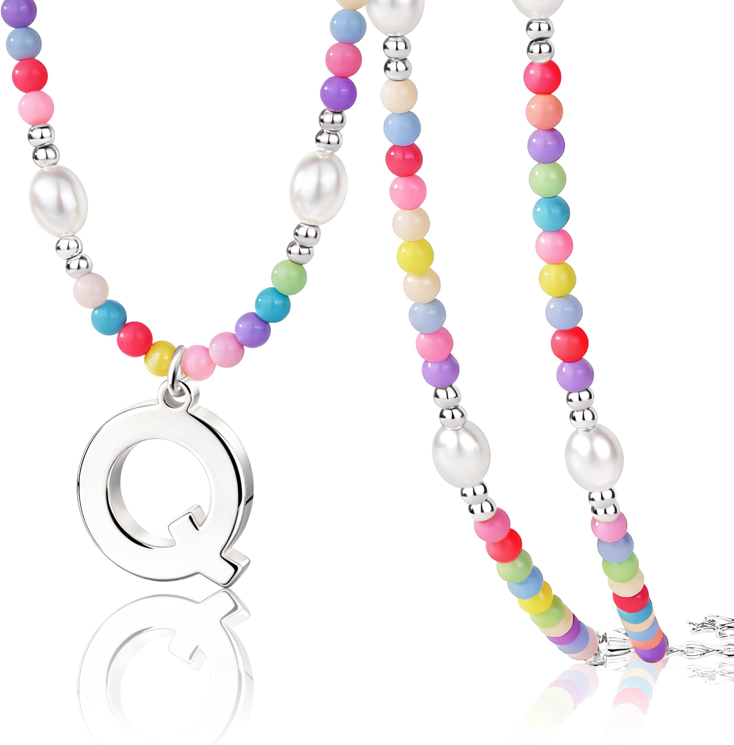 Easter Basket Stuffers for Teen Girls Kids Women, Initial Necklace for Little Girrs Bulk, Toddler Colorful Beaded Pearl Choker with Letter Pendant, Cute Personalized Jewelry Gift for Easter, Party, Birthday