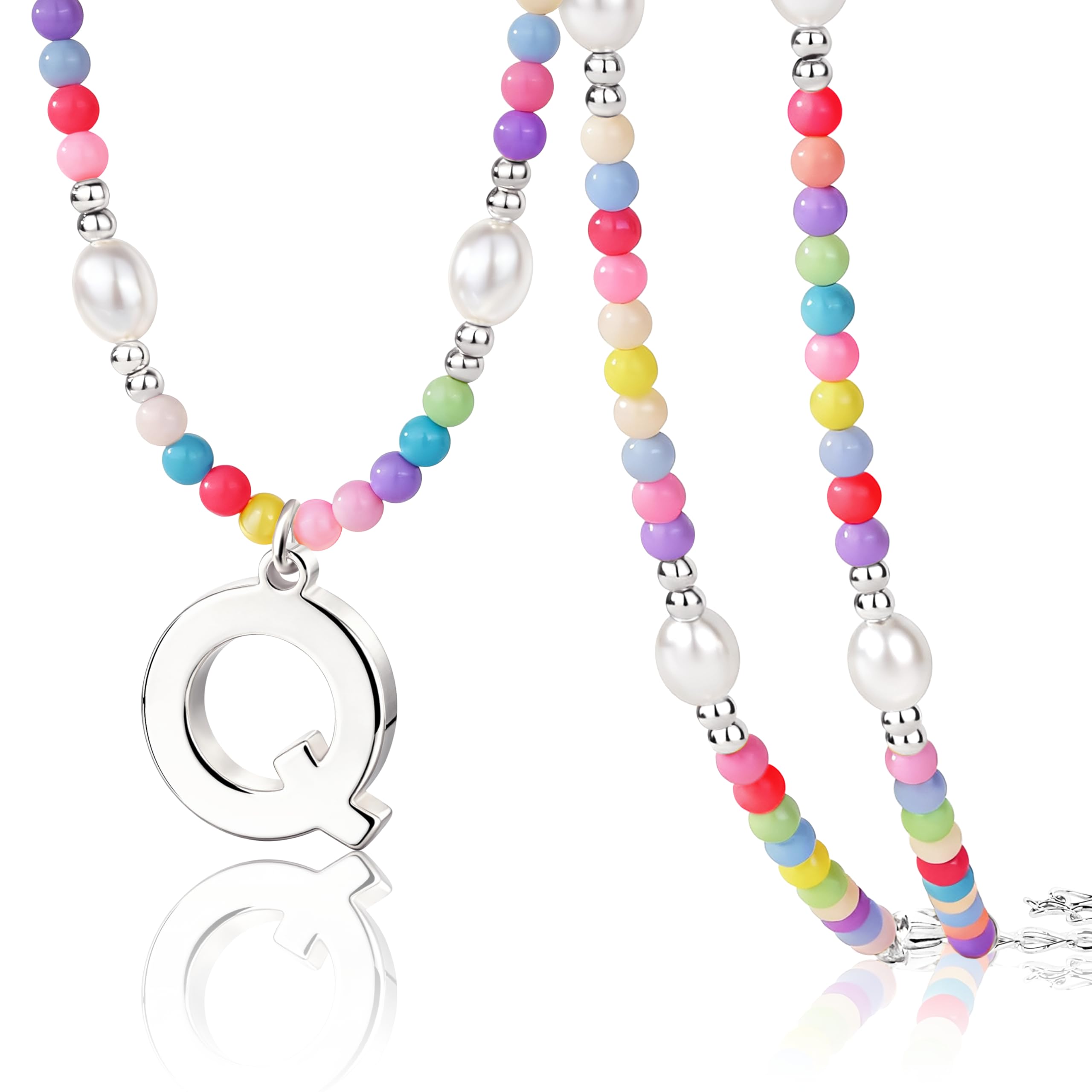 Poxtex Initial Necklace for Women and Teen Girls – Preppy Colorful Rainbow Beaded Pearl Choker with Letter Pendant Bulk, Cute Summer Beach Personalized Jewelry Gift for Kids, Teens, Women, Birthday