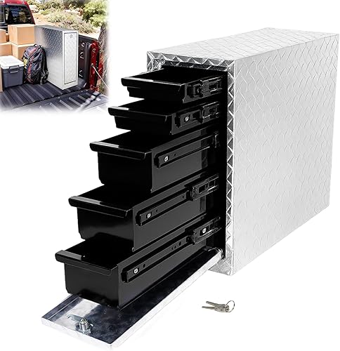 Caja de herramientas para caja de camión con toboganes de 5 cajones, caja de herramientas de aluminio de pared pesada, almacenamiento de caja de