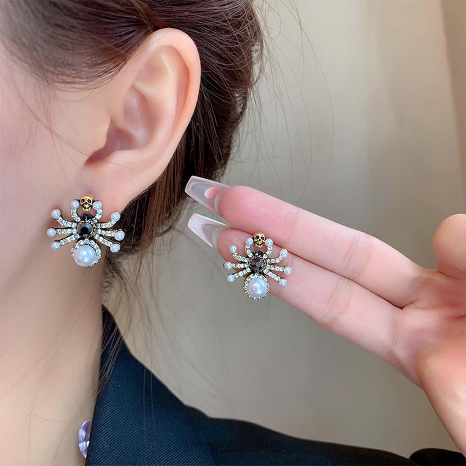 W WEILIRIAN Gothic Crystal Spider Earrings for Teen Pearl Spider Earrings Spider Skull Earrings Rhinestone Spider Stud Earrings Jewelry for Women - Image 2