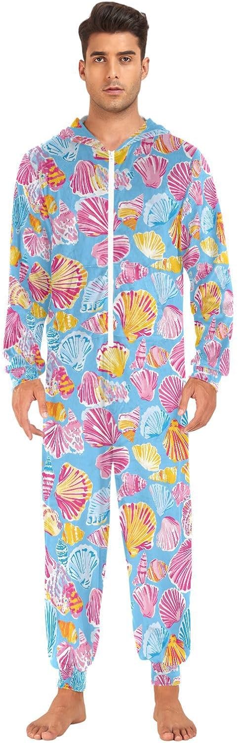 Pink Yellow Seashelll Pattern Adult Onesie Pajamas Novelty One Piece Costume Sleepwear Jumpsuits Matching PJS