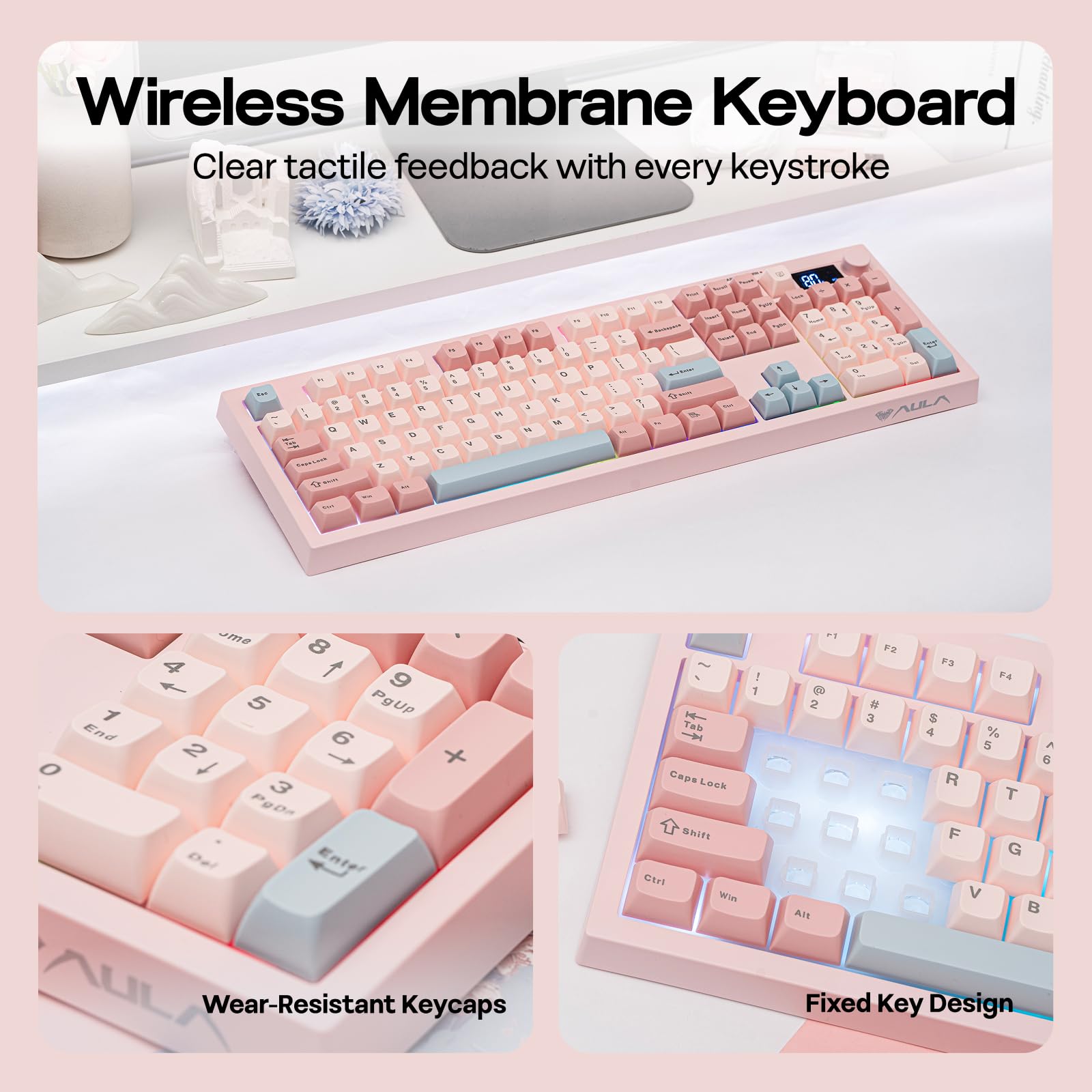 EPOMAKER Aula S102 Pro Teclado Silencioso para Juegos de Membrana con Pantalla TFT, Control de Volumen&Teclado Numérico, BT/2.4G/USB, RGB, Estructura de Silicona Suave, para Gaming/Oficina (Rosado)