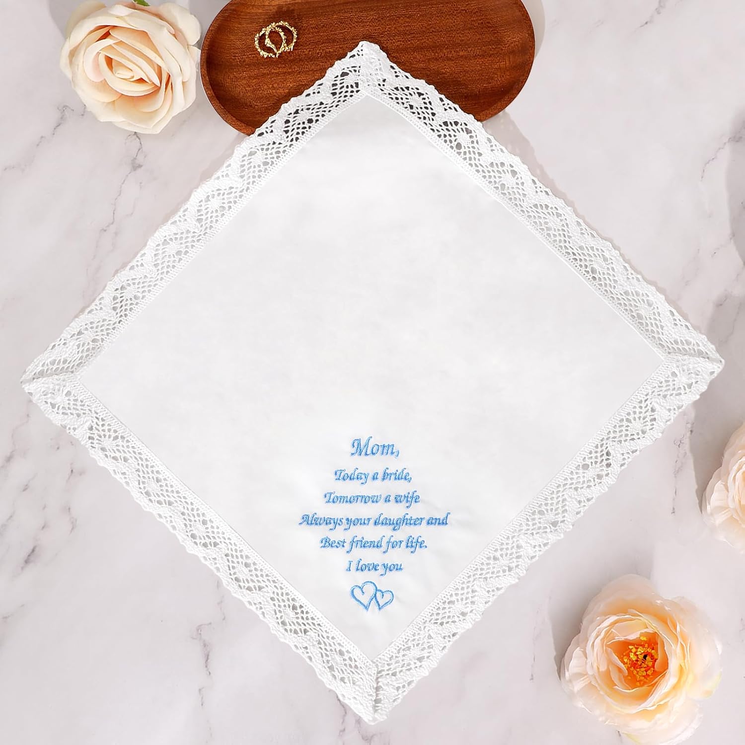 HOULIFE Wedding Handkerchiefs for Bride, Something Blue Wedding Brides Gift Embroidered Handkerchief with Lace Edges - Image 3