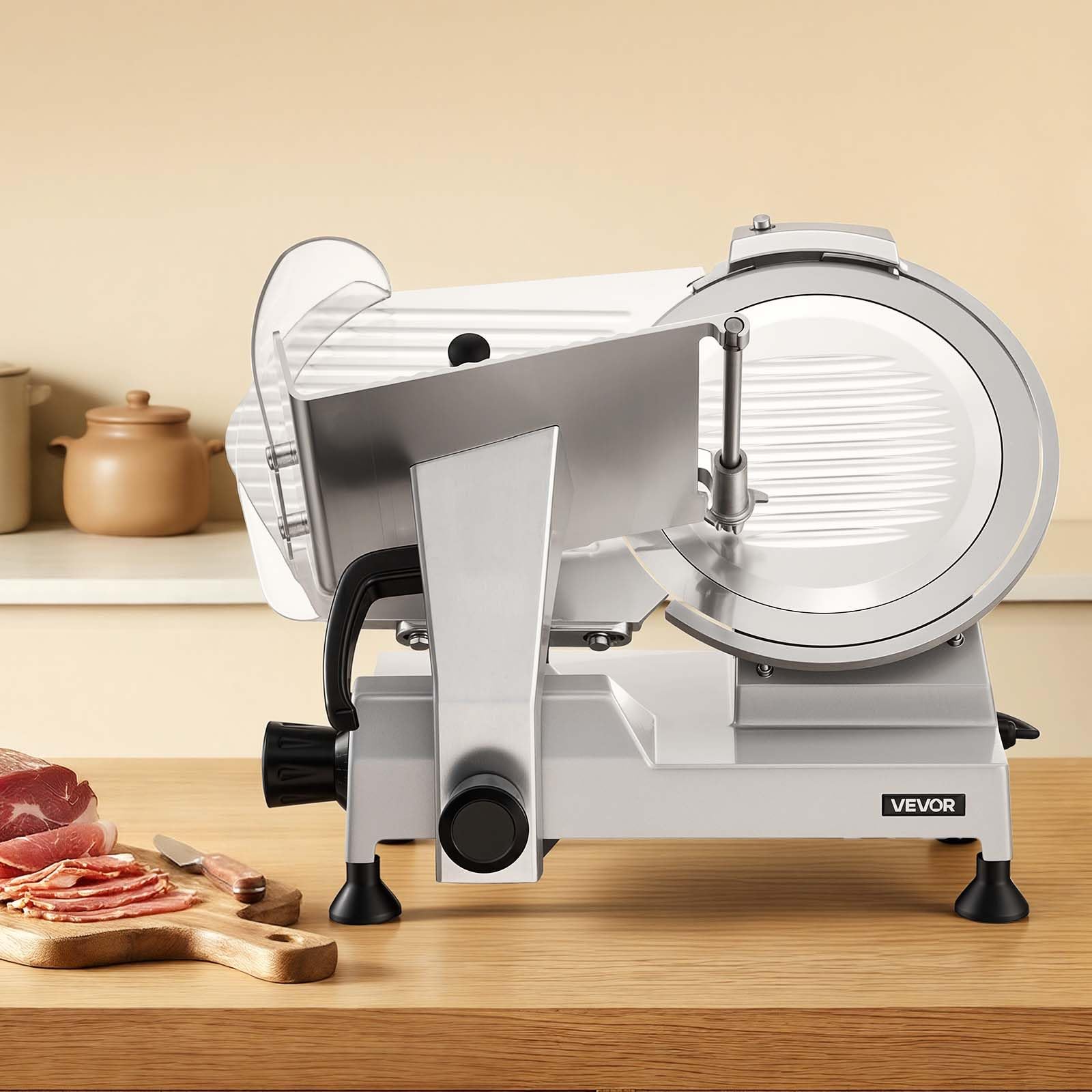 VEVOR Affettatrice Elettrica Multiuso, Macchina Affettatrice per Carne Congelata 400W Lame in Acciaio al Carbonio Rimovibile da 30 cm con Vassoio di Raccolta, Spessore di Taglio Regolabile da 0-15 mm