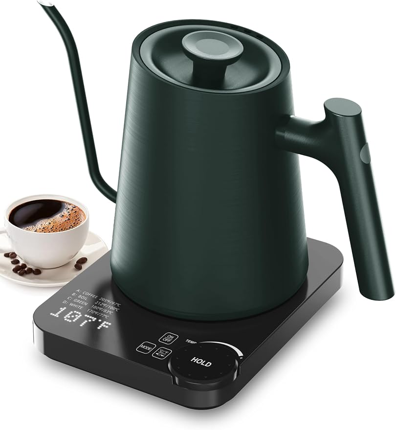 Gooseneck Electric Kettle, Electric Kettle with 4 Variable Presets, ±1℉ Temperature Control & LED Real-time Temperature Display, Stainless Steel Inner, 24H Keep Warm for Coffee, Tea, 0.9L