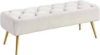 Yaheetech Boucle Ottoman Bench - Modern Upholstered Footrest with Storage, Padded Ivory Seat, Gold Metal Legs, 300lb Capacity