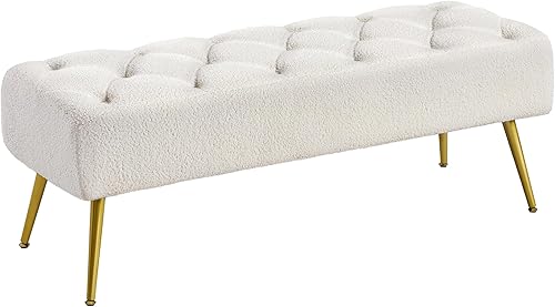 Miniatura 1 de Yaheetech Banco otomano moderno de terciopelo reposapiés tapizado para sala de estar con patas de metal dorado y asiento acolchado color marfil