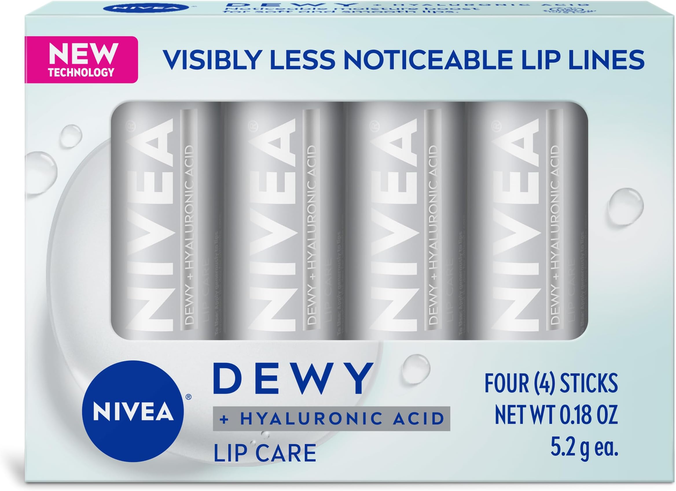 Dewy and Hyaluronic Acid Lip Care, Moisturizing Lip Balm, 4 x 0.18 OZ
