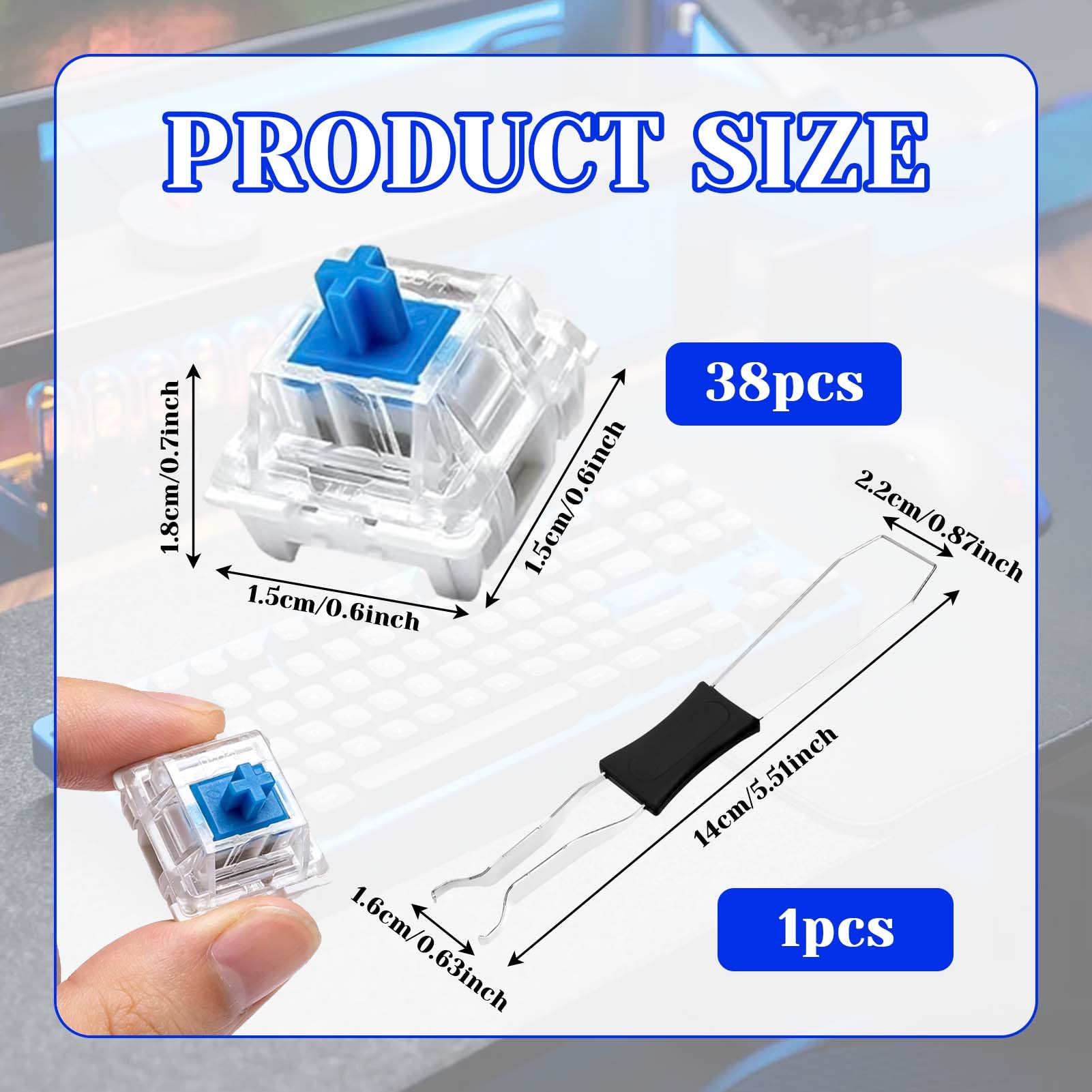 Lot de 38 commutateurs de clavier mécaniques de rechange tactiles à 3 broches, avec extracteur de touche, pour la saisie de jeu, commutateur mécanique à réponse tactile pour claviers (bleu)