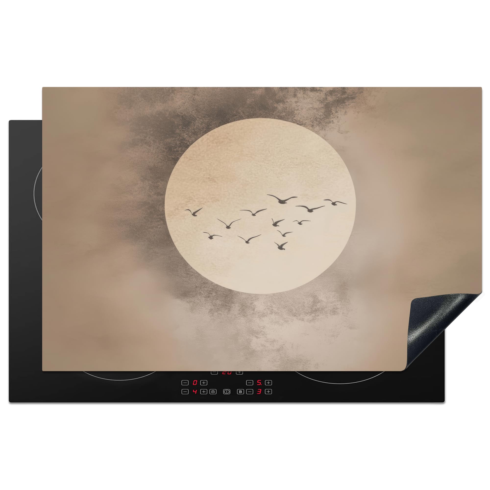KitchenYeah© Induction Hob Cover Protector Mat 20.5"x31.5" / 80x52 cm Kitchen Universal Ceramic Covers for Electric Cookers Vinyl Bird - Beige - Japandi
