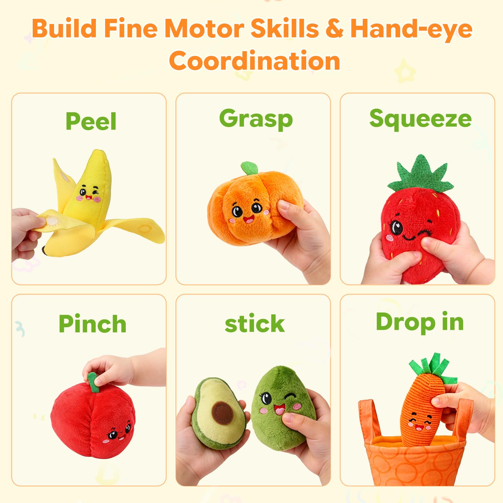 Jouets pour bébé de 6 à 12 mois, ensemble de jouets sensoriels pour fruits et légumes avec hochet, paniers froissés et de tri des couleurs, ensemble de 16 jouets Montessori à moteur fin pour 6 à 18