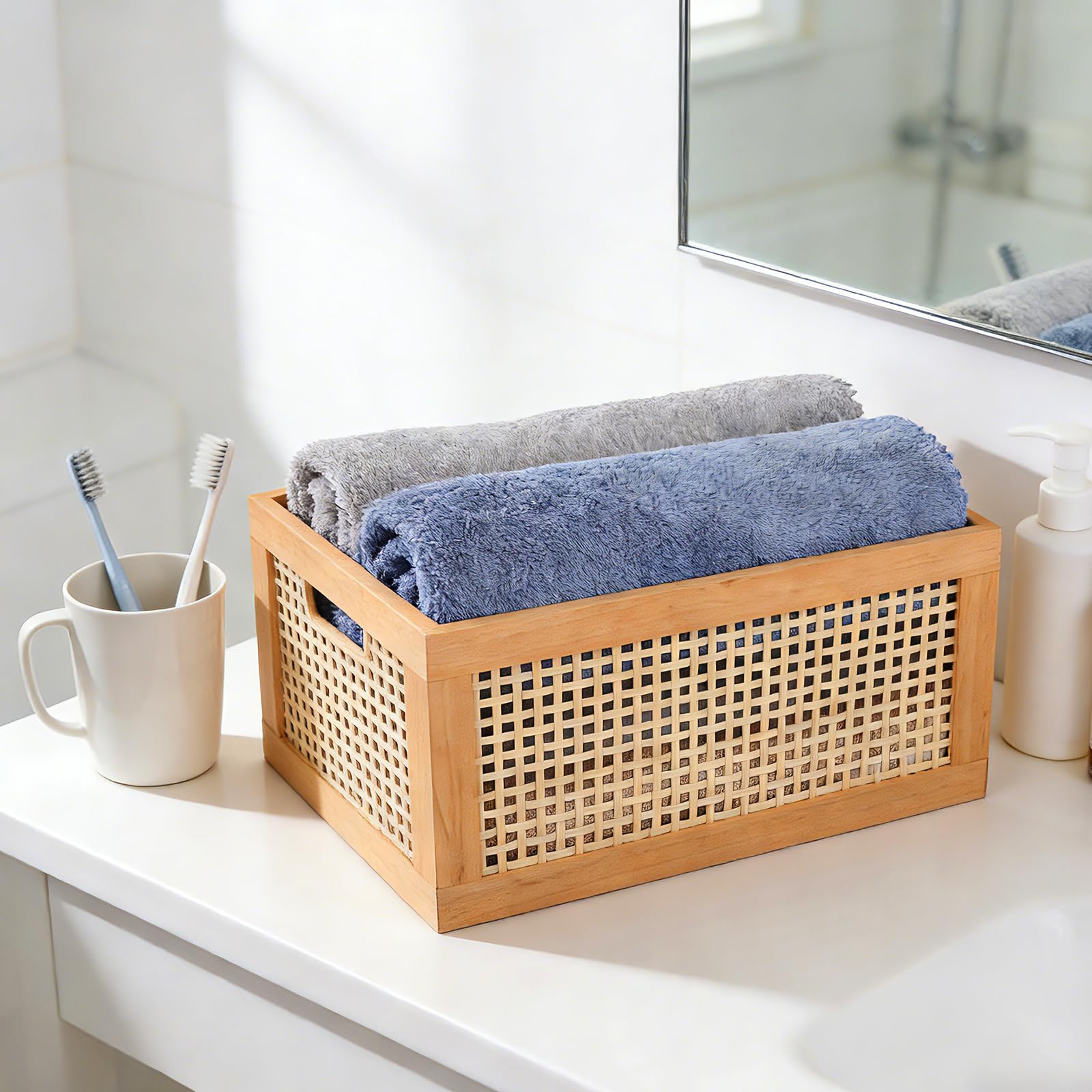 Scatola Portaoggetti in Legno e Intrecciato 35x25x16 Cm in Legno e Intrecciato, Contenitore Leggero per Storage Cosmetici e Snack, Cesto da Casa