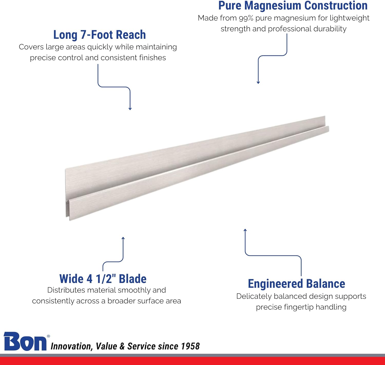 Bon Featheredge - Magnesium 7' with 4 1/2" Wide Blade for Precise Spreading – Lightweight 99% Magnesium Construction with Balanced Design for Plaster, Concrete, and Leveling Projects