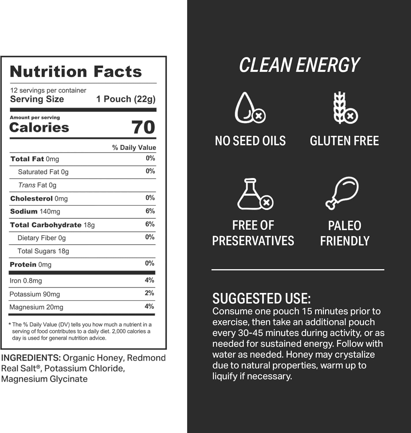 HNY+ Organic Honey Energy Gel with Electrolytes, Magnesium, Sea Salt & Potassium, Gluten Free & Vegan, Workout Gels, for Gym, Running, Cycling & Hiking, Sports Nutrition, Caffeine Free, 12 Pack