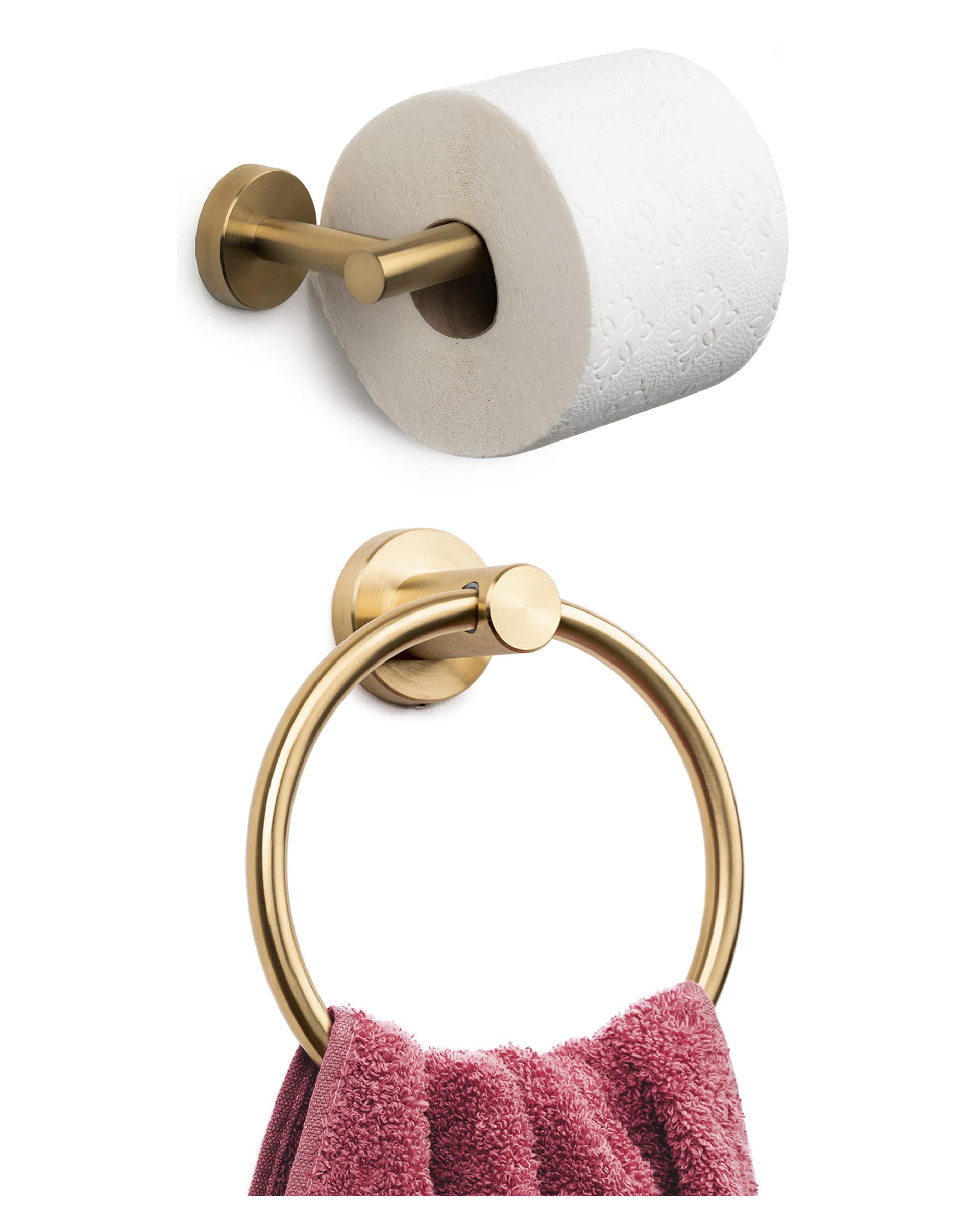 MARMOLUX ACCBrushed Gold Towel Ring & Toilet Paper Holder Bundle - Hand Towel Holder with Gold Toilet Paper Holder