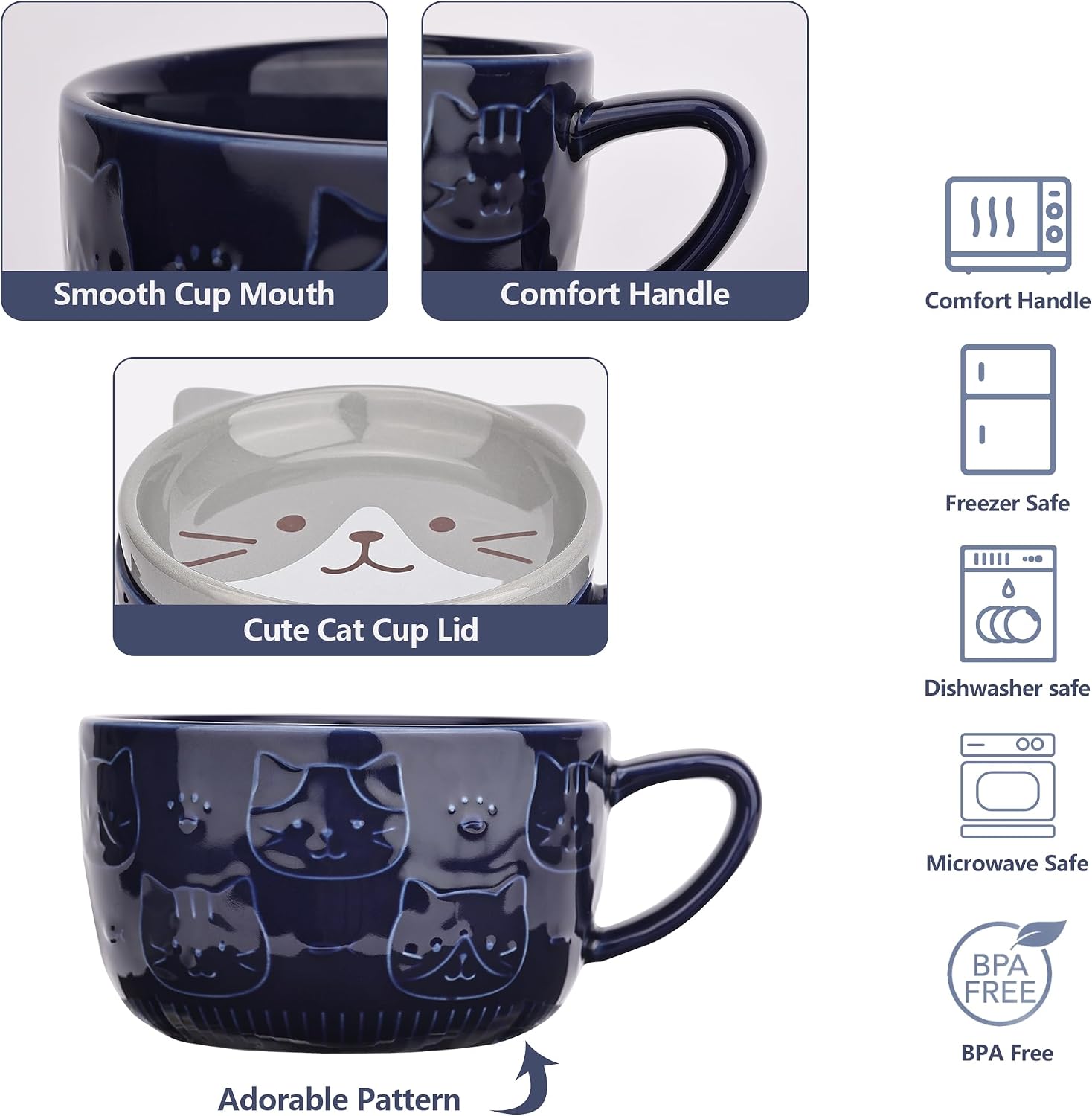Cute Ceramic Cat Coffee Mug with Lid, Gifts for Cat Lovers Blue