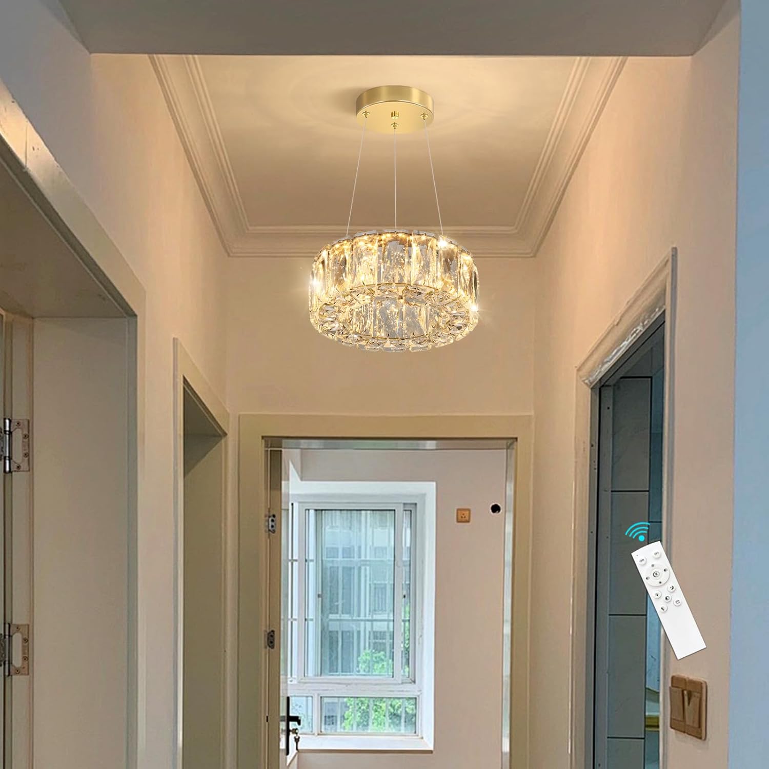 Modern Crystal Chandelier Dimmable LED 8 Inch Ring Pendant Lights Adjustable Glam Chandeliers Lighting Fixtures for Dining Room Living Room Bedroom Gold Light