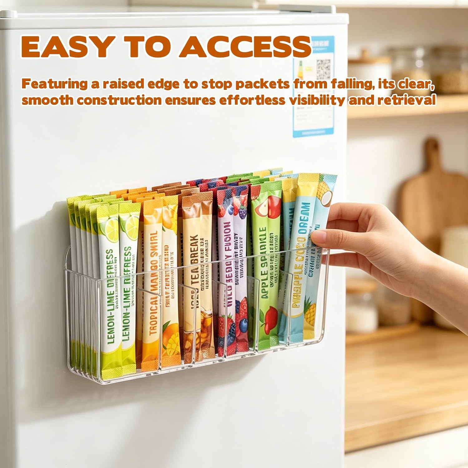 2Pcs Drink Packet Organizer with 6 Compartment, Mountable Water Packet Organization Holder with Adhesive & Magnetic Sticker Water Flavor Packet Storage for Countertop Table Fridge Cabinet