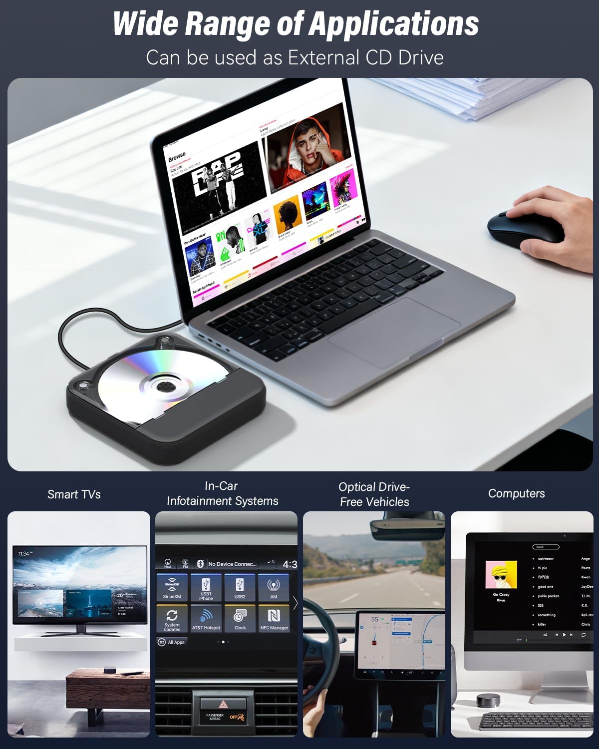 CD Player for Car,MONODEAL External Portable Car CD Players with AUX Cable & Remote Control,Universal USB CD Player for Vehicle,Laptop,TV,Computer,for Android 4.4 and Above Navigation