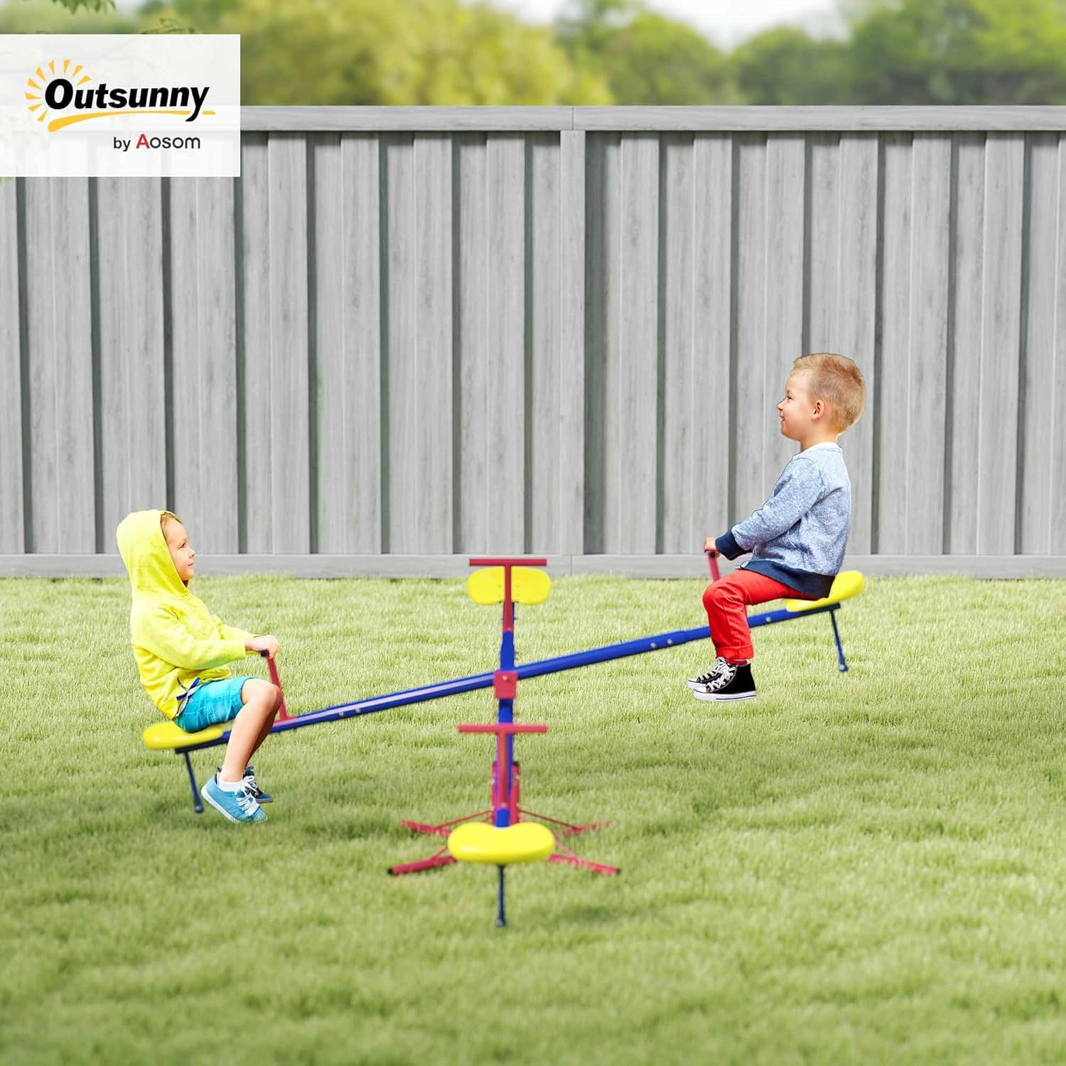 Outsunny Kids Seesaw Swivel Teeter Totter with 360° Spinning, 4 Seater Seesaw Outdoor Playground Equipment for Backyard, Boys and Girls Aged 3-8 Years Old