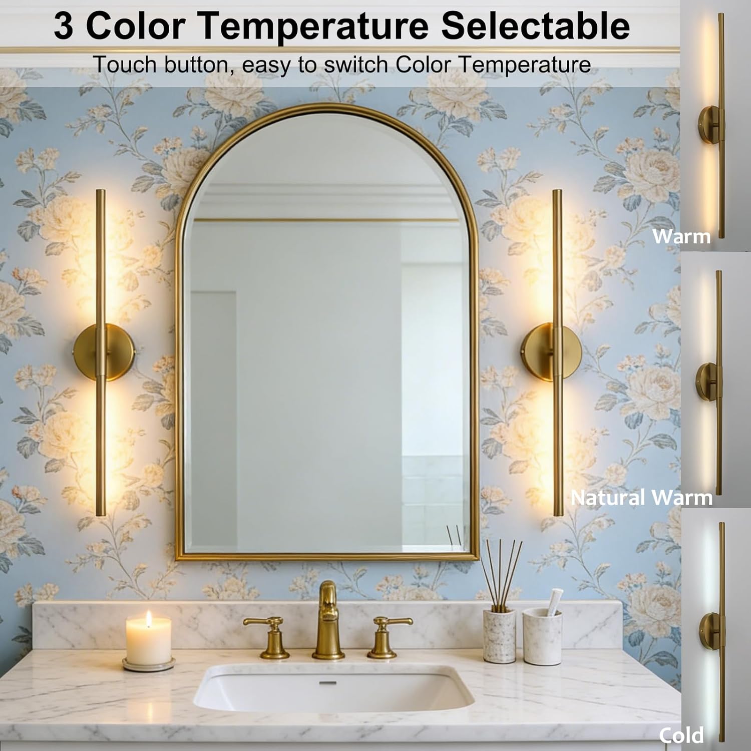 Pathson Modern LED Wall Sconce Bathroom Vanity Light Over Mirror, 2-Head Hardwired Bathroom Light Fixtures with Acrylic Shade, Brass Gold Dimmable Vanity Lighting Above Mirror