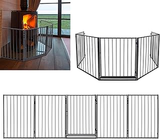 MAYTIIMO Barrière de protection de cheminée, avec porte, noire, 5 pièces, longueur totale : 305 cm, pliable, pour enfants, animaux domestiques