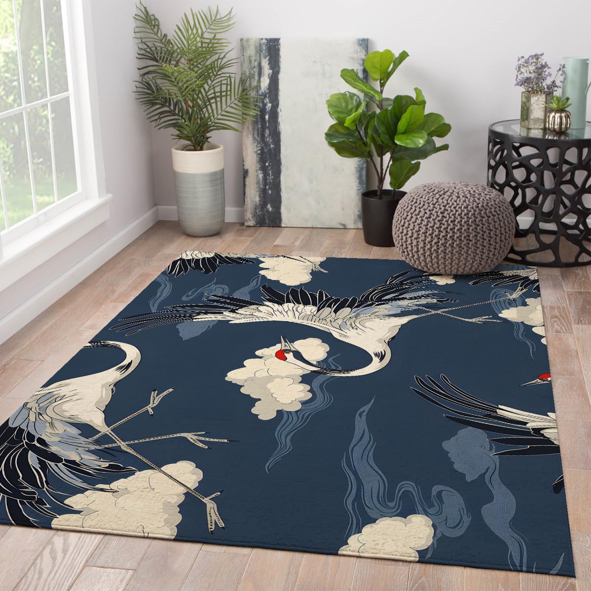 Japanische Crane Bird Waschteppiche Vintage orientalischer Teppich 160x200cm Marineblauer Wolkenteppich Großer Teppiche fürs Wohnzimmer weiche rutschfeste Vorleger Schlafzimmerteppich