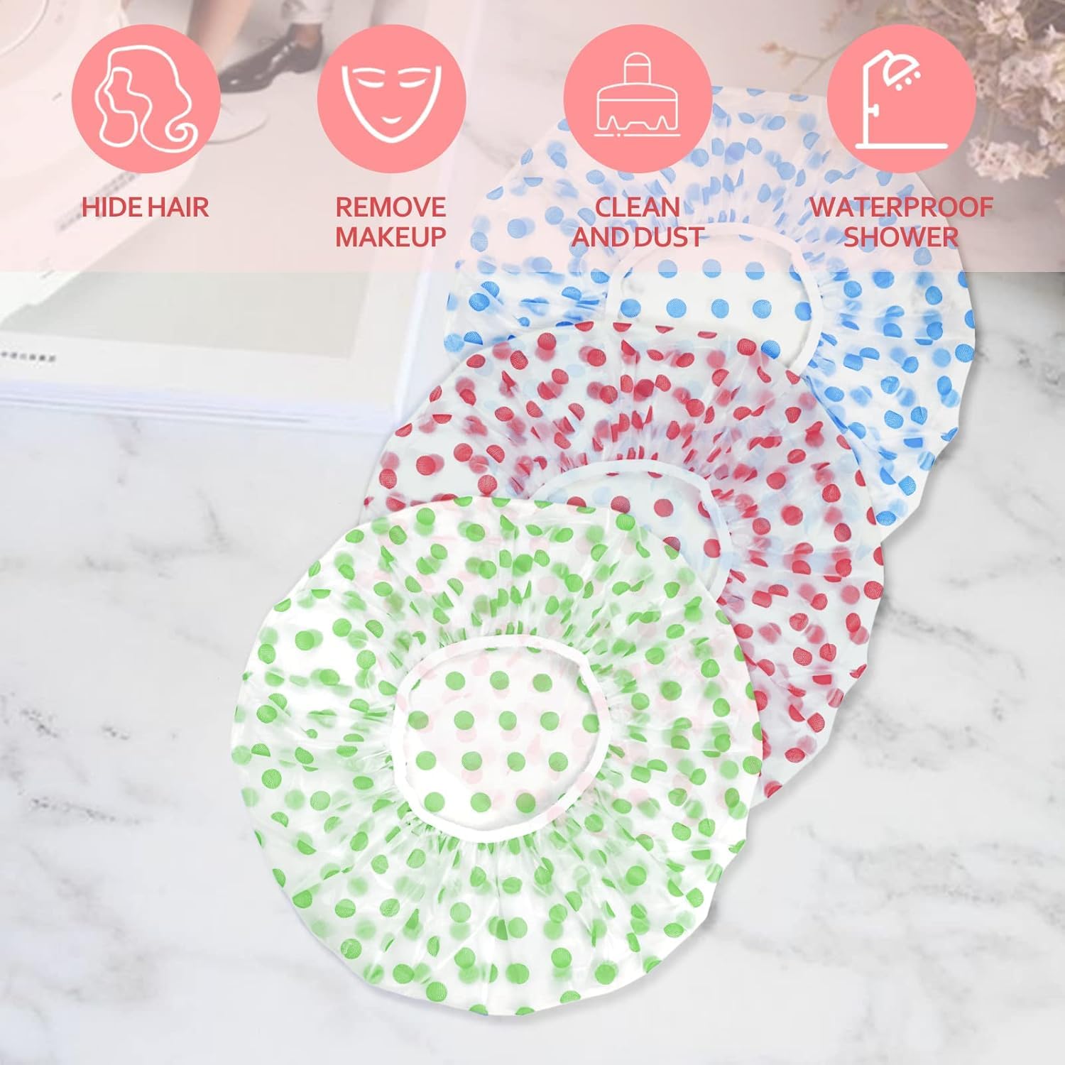 GaxQuly Reusable Shower Caps | Waterproof, Elastic Multicolor Hair Covers for Women, Men | Great for Bathing, Spas, Salons, Beauty Parlors, Homes, and Hair Care or Treatment (Pack of 3) 1