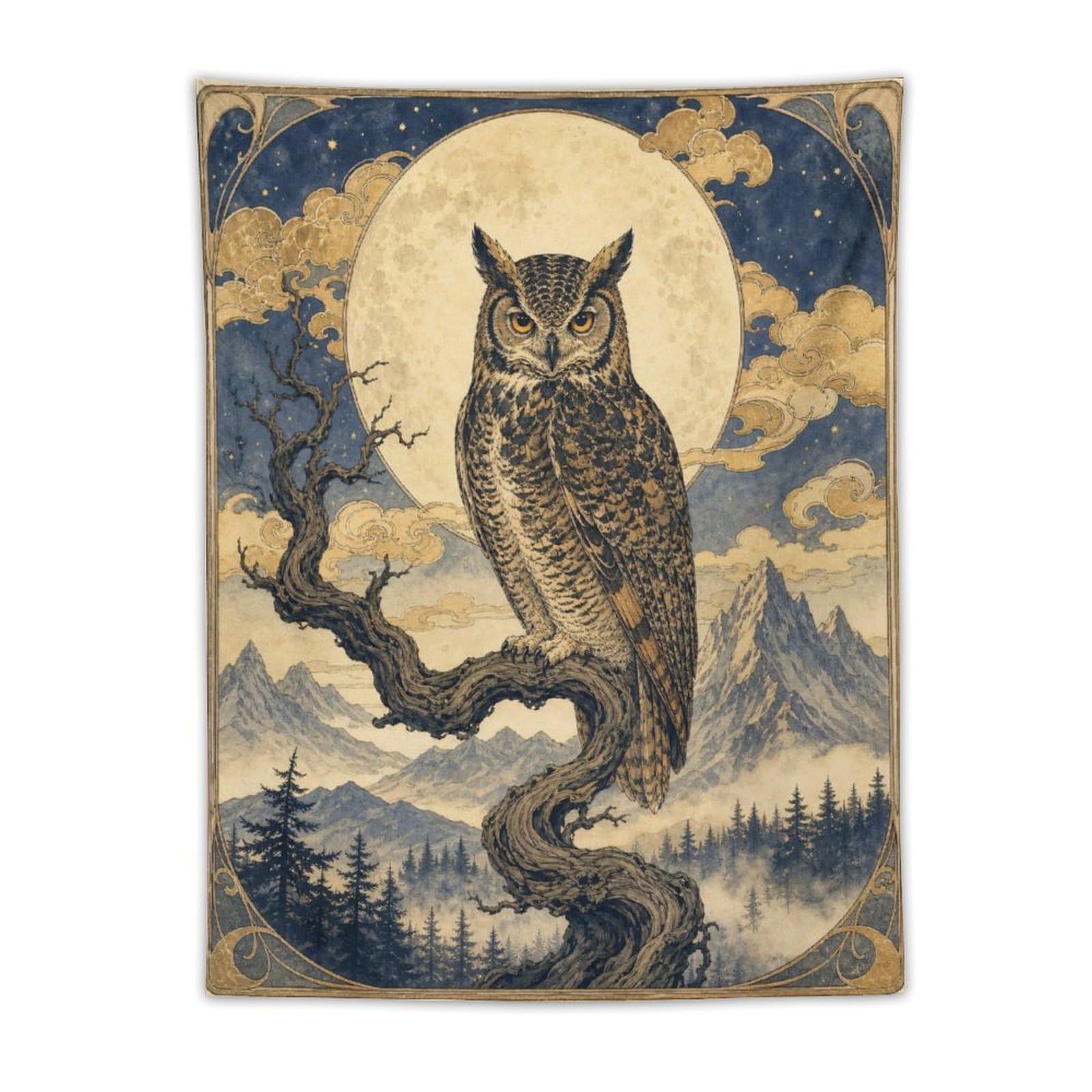 W7C8U2X3 Moon Owl in Forest Wall Tapestry, Vintage Poster Style, Dorm Room