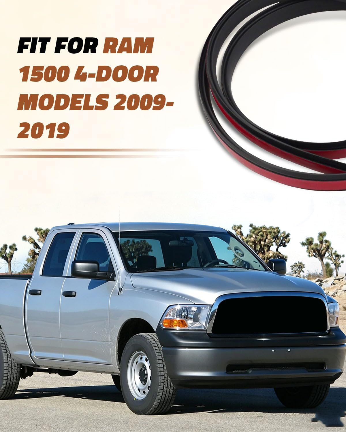 Roof Trim Molding Kit Fit for Dodge Ram 1500 2009-2019 4-Door Models, Black Flexible Trim Strips with 3M Adhesive Tape, 2 Pcs