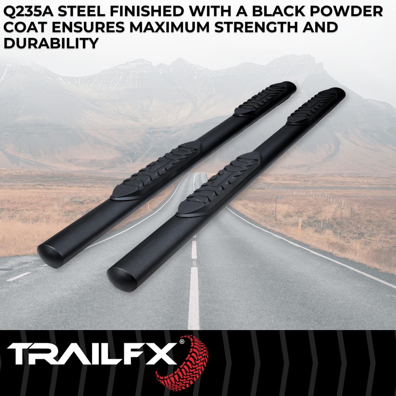 TrailFX A1558T TFX 4 Inch Oval Tube Side Steps Nerf Bar Fits 2022-2025 Toyota Tundra Crew Max Black Powder Coated Steel Welded End Caps Rocker Panel Mount with Slip-Resistant Step Pads