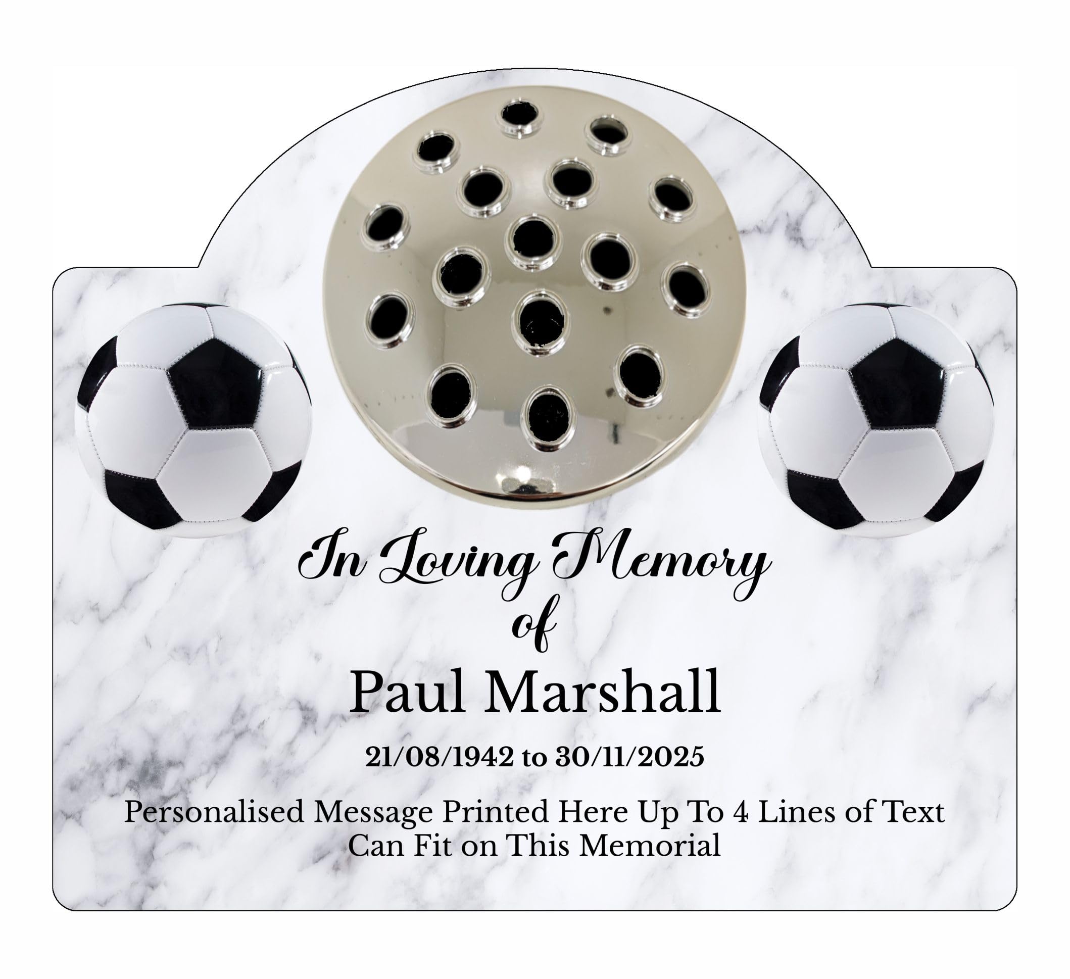 1stclassgifts Personalised Football Design Metal Grave Stone Marker Headstone Memorial Plaque In Memory Sign Remembrance Flower Pot Vase (UV PRINTED) (White Marble, Silver Lid)