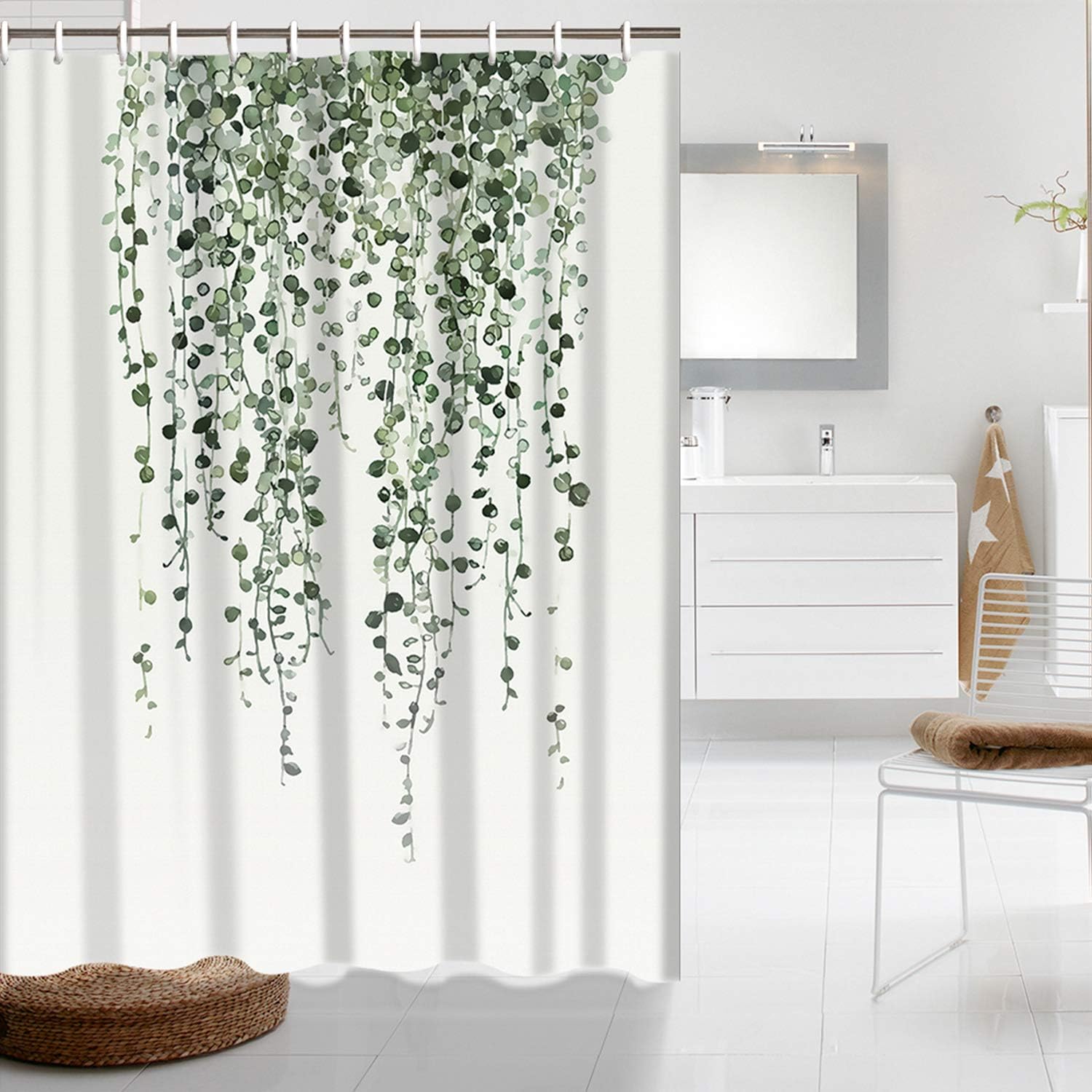 Shower Curtain Green Eucalyptus Leaves Bathroom Curtain Blurry Watercolor Plants Floral Shower Curtain Waterproof Bathroom Decor Fabric Shower Curtain Set with 10 Hooks